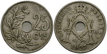 Бельгия 25 сантимов 1927 Belgie KM 69 медно-никель 4131-516