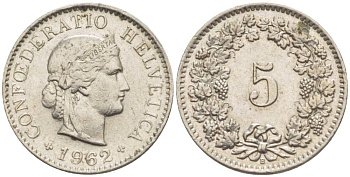 Швейцария 5 раппенов 1962 B KM 26 медно-никель 4532-953