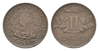 Колумбия 2 сентаво 1948 KM 210 бронза 4651-568
