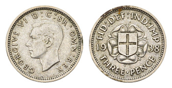 Великобритания 3 пенса 1938 Георг VI (1936-1952) KM 848, Spink 4085 серебро 4567-334