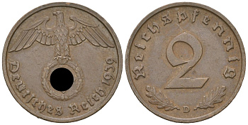 Германия 2 рейхспфеннига 1939 D KM 90, J. 362 бронза 3955-1169