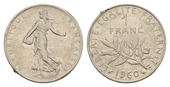 Франция 1 франк 1960 сеятель KM 925 никель 4539-1123