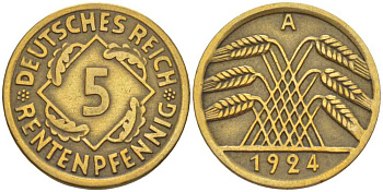 ГЕРМАНИЯ 5 РЕНТЕНПФЕННИГОВ 1924 A KM 32, J. 308, Weege 6 алюминиевая бронза 211-542