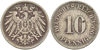 Германия 10 пфеннигов 1900 J KM 12, J. 13 медно-никель 4401-1125