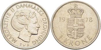 Дания 1 крона 1978 S; B, Маргрете II (1972-) KM 862.1 медно-никель 202-832