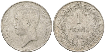 Бельгия 1 франк 1914 DES BELGES, Альберт I (1909-1934) KM 73 серебро 4543-1255