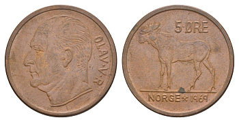 Норвегия 5 эре 1969 Улаф V (1957-1991) KM 405 бронза 4635-616