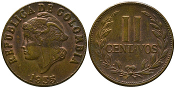 Колумбия 2 сентаво 1955 KM 214, Schon 32.2, Hernandez 346, Restrepo 358 латунь 00-00