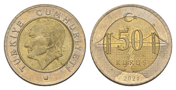 Турция 50 курушей 2021 Кемаль Ататюрк KM 1243 биметалл 4143-351