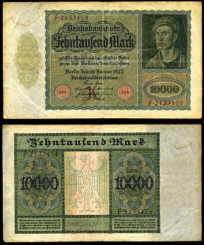 Германия 10000 марок 1922 Альбрехт Дюрер, серия F, литера K Pick 70, Розенберг 68а  бумага   8618-41-1-2