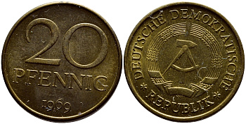 ГДР 20 пфеннигов 1969 А, первый год KM 11 латунь UNC 4398-1152
