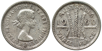 Австралия 3 пенса 1960 m, Елизавета II (1952-2022) KM 57 серебро 71-662