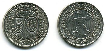 Германия 50 рейхспфеннигов 1929 А KM 49, J. 324 никель 58-532