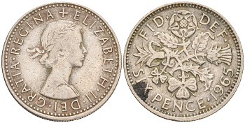 Великобритания 6 пенсов 1965 Елизавета II (1952-2022) KM 903, Spink 4149 медно-никель 192-241