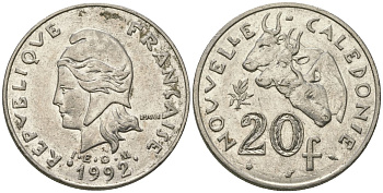 Французская Новая Каледония 20 франков 1992 три быка, (IEOM) KM 12, Schoen 14, Lec 115 никель 81-323