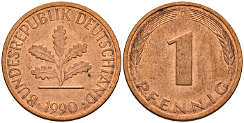 ФРГ 1 пфенниг 1990 D KM 105, J. 380 сталь плакированная медью    4598-659