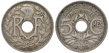 ФРАНЦИЯ 5 САНТИМОВ 1923 tb, ТИП ЛИНДАЙЁ, МОНЕТНЫЙ ДВОР ПУАССИ, МОЛНИЯ KM 875, LE FRANC 122.7 медно-никель 45-454