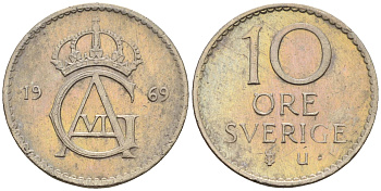 Швеция 10 эре 1969 U, Густав VI Адольф (1950-1973) КМ 835 медно-никель 4169-115