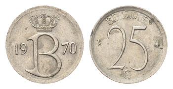 Бельгия 25 сантимов 1970 Belgique, Бодуэн I (1951-1993) KM 153 медно-никель 4705-334