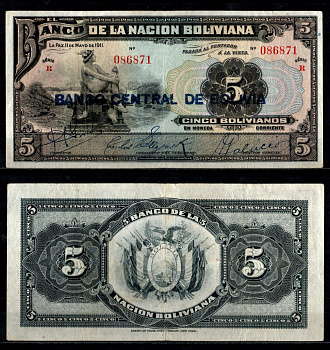 Боливия 5 боливиано 1911 (1929) Pick 113 (3) бумага 6280-9-2-1