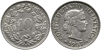 ШВЕЙЦАРИЯ 10 РАППЕНОВ 1957 В KM 27 медно-никель 4539-451