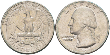 США 25 центов (квотер) 1965 Вашингтон KM 164a медь плакированная медно-никелем 08-742
