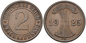 Германия 2 рейхспфеннига 1925 A KM 38, J.314 бронза 4594-849