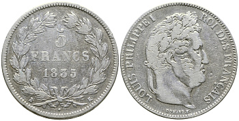 Франция 5 франков 1835 K, Луи Филипп I (1830-1848) KM 749.7 серебро 1066-6-25