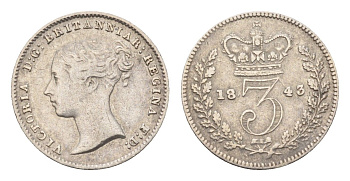 Великобритания 3 пенса 1843 Виктория (1837-1901) KM 730, Spink 3914 серебро 603-1533