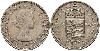 Великобритания 1 шиллинг 1959 Елизавета II (1952-2022), Английский герб KM 904, Spink 4147 медно-никель 202-855