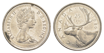 Канада 25 центов 1986 Елизавета II (1952-2022), олень KM 74 никель 4638-533