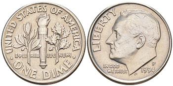 США 10 ЦЕНТОВ = 1 ДАЙМ 1994 P, РУЗВЕЛЬТ KM 195a медь плакированная медно-никелем 188-716