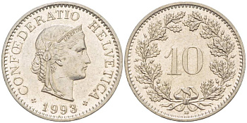 ШВЕЙЦАРИЯ 10 РАППЕНОВ 1993 В KM 27 медно-никель 4529-755