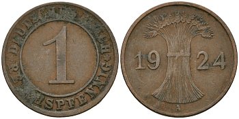 Германия 1 рейхспфенниг 1924 A KM 37, J. 313 бронза 4189-1047