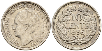 Нидерланды 10 центов 1938 Вильгельмина I (1890-1948) KM 163 серебро    4598-135