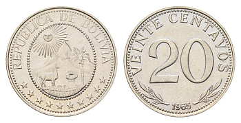Боливия 20 сентаво 1965 KM 189 сталь плакированная никелем UNC 4659-1259
