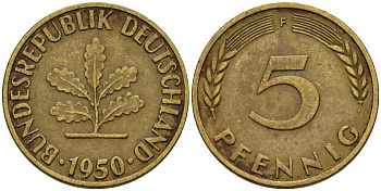 ФРГ 5 пфеннигов 1950 F J.382, KM 107 сталь плакированная латунью    4598-812