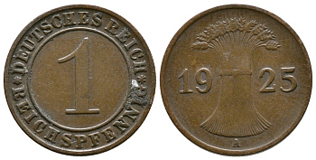 ГЕРМАНИЯ 1 РЕЙХСПФЕННИГ 1925 A KM 37, J. 313 бронза 4380-1117