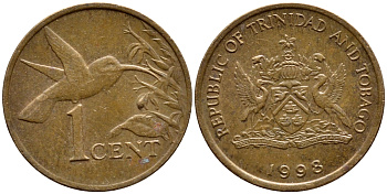 Тринидад и Тобаго 1 цент 1998 колибри KM 29 бронза 4396-1026