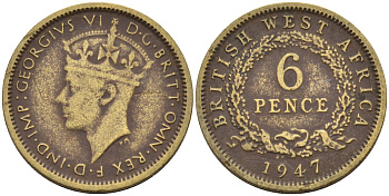 Британская Западная Африка 6 пенсов 1947 Георг VI (1936-1952) KM 22 никель-латунь 4588-715