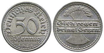 ГЕРМАНИЯ 50 ПФЕННИГОВ 1921 FC KM 27, J. 301 алюминий 4380-853