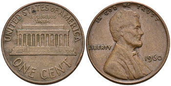 США 1 цент 1960 Линкольн KM 201 медь цинк 4564-342