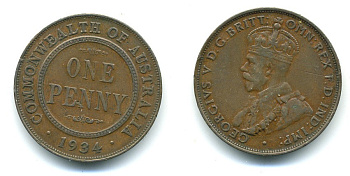 АВСТРАЛИЯ 1 ПЕННИ 1934 ГЕОРГ V KM 23 бронза 7-5-25-13
