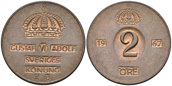 Швеция 2 эре 1967 Густав VI Адольф (1950-1973) KM 821 бронза 4582-557
