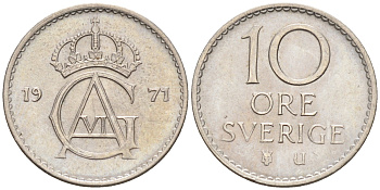 Швеция 10 эре 1971 Густав VI Адольф (1950-1973) KM 835 медно-никель 4124-654
