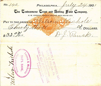 США чек на 33,07 долларов 1901 Филадельфия бумага 3295-89-3-2