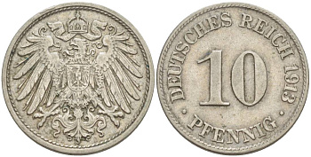 Германия 10 пфеннигов 1913 D KM 12, Jager 13, Weege 8 медно-никель 219-232