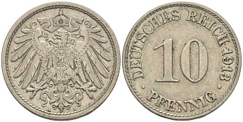 ГЕРМАНИЯ 10 ПФЕННИГОВ 1913 A KM 12, J. 13 медно-никель 33-714