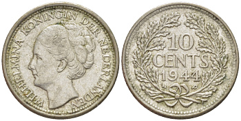 Нидерланды 10 центов 1944 Вильгельмина (1890-1948) KM 163 серебро aUNC 54-435