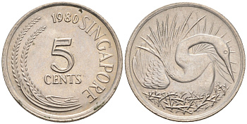 Сингапур 5 центов 1980 большая белая цапля KM 2 медно-никель UNC 4588-316